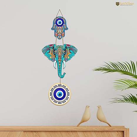 Artvibes Designer Elephant Wooden Wall Hanging for Home Decor | Hamsa Hand Decoration for Livingroom | Modern Artworks Items | Peace Charm Door Accent Decorative Hangings (WH_8506N) - Image 4
