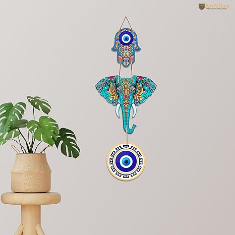 Artvibes Designer Elephant Wooden Wall Hanging for Home Decor | Hamsa Hand Decoration for Livingroom | Modern Artworks Items | Peace Charm Door Accent Decorative Hangings (WH_8506N) - Image 2
